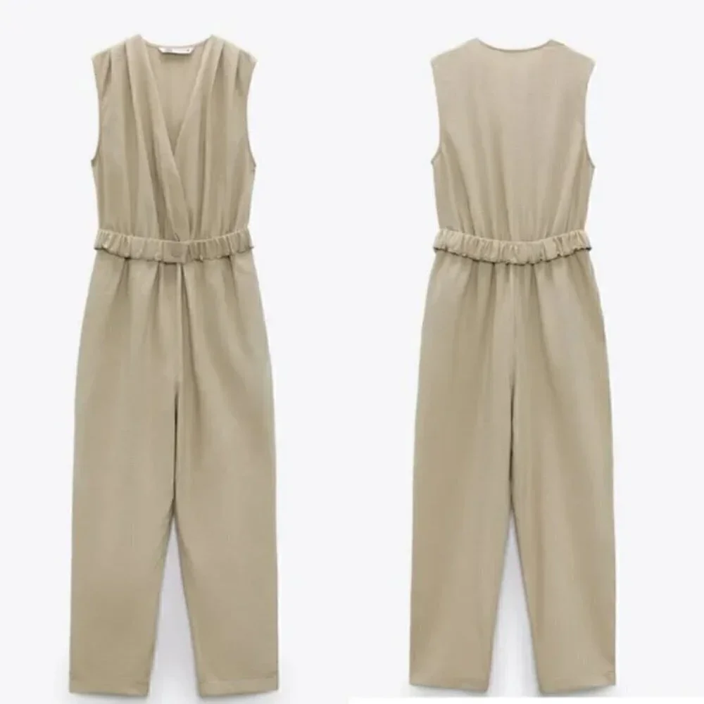 New Zara Textured Linen Blend V-Neck Sleeveless Belted Tan Jumpsuit NWT Small
